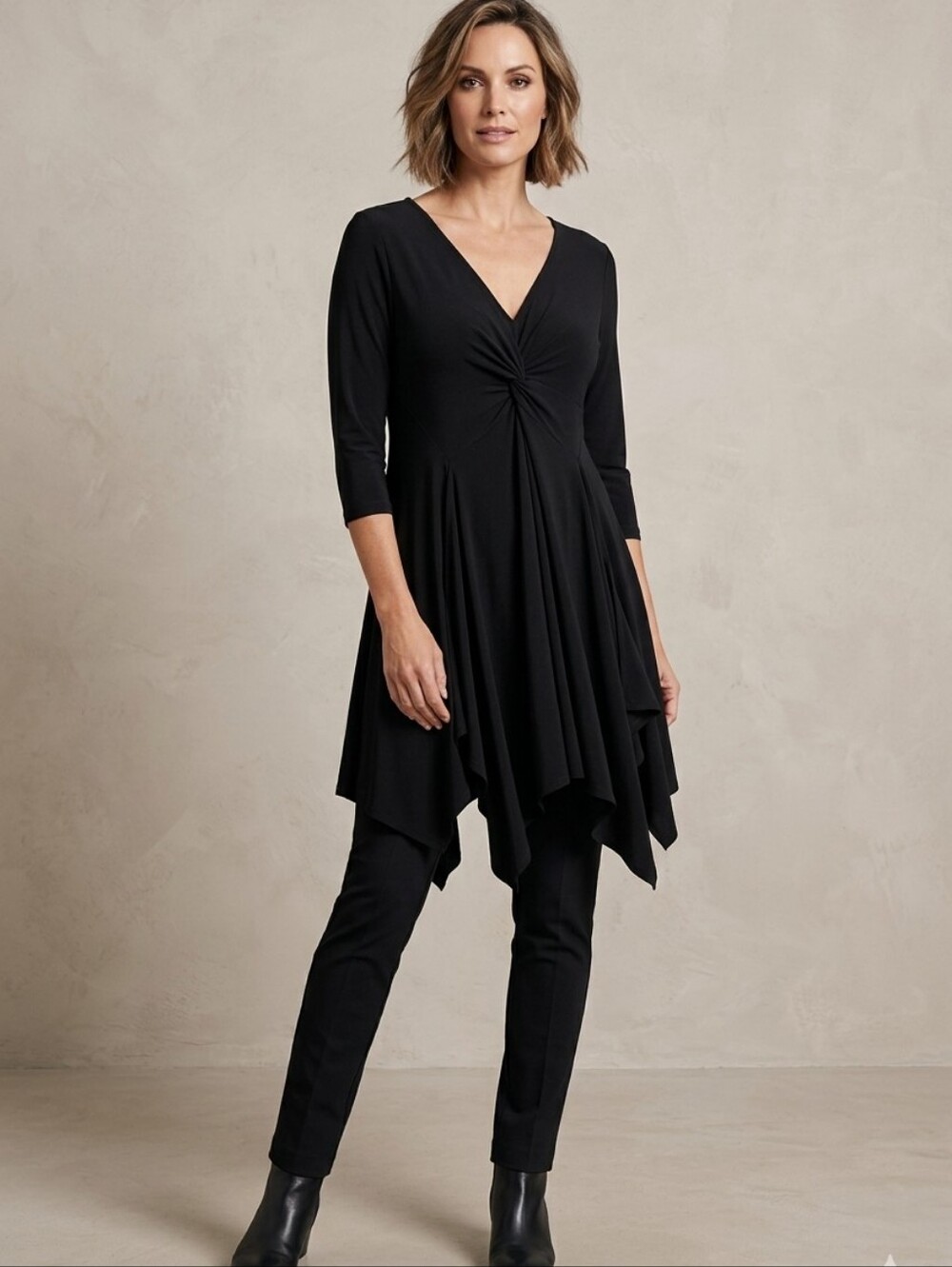 Sympli Black Jersey V-Neck 3/4 Sleeve Tunic Top Asymmetrical Hem